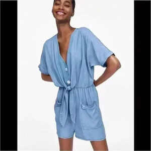 ZARA Denim Chambray Tie Front Short Sleeve Romper Sz XS
